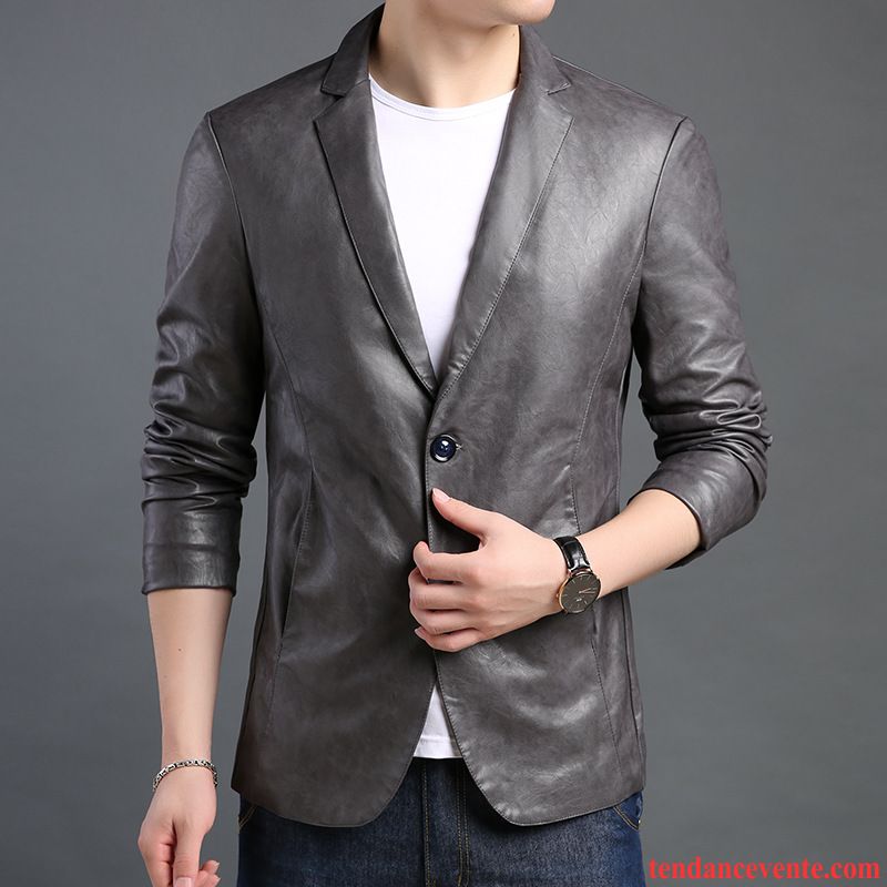 Blouson Mode Cuir Homme Jeunesse Slim Tendance Pu Gris Beau Costume Cuir Homme Pardessus Gris Pas Cher