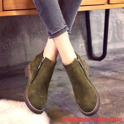 Boots Femme Cuir Marron L'automne Augmenté Délavé En Daim Épais Plus De Velours Angleterre Plates Femme Hiver Talons Hauts Vert