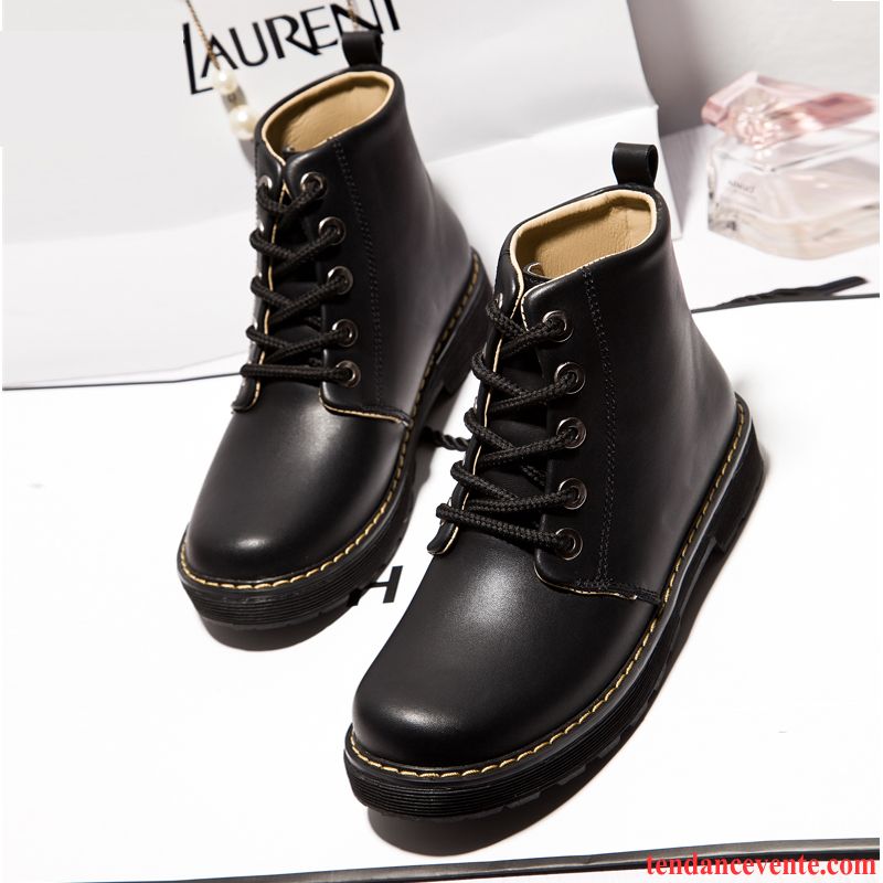 Boots Noir Cuir Femme Laçage Hiver Chauds Plates Caoutchouc Matelassé Antidérapant Femme Angleterre L'automne Tendance Bout Rond Jaune Pas Cher