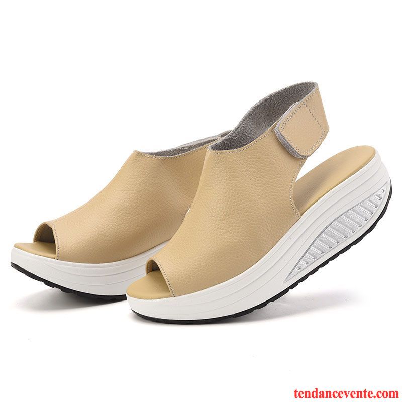 Botte De Sandales Pas Cher Velcro Plateforme Étanche Semelle Épaisse Wedges Peep-orteil Offre Spéciale Talons Compensés Été Femme Cuir Véritable