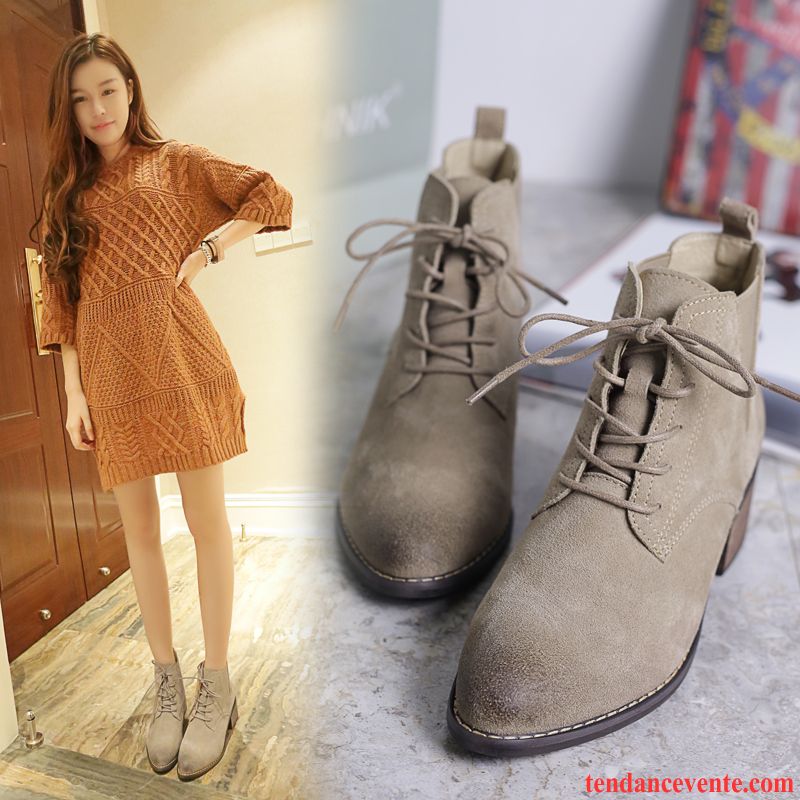 Botte Longue Pour Femme Épais Rétro Délavé En Daim Tendance Laçage Angleterre Femme Hiver Pointe Pointue L'automne Cuir Véritable En Cuir Marine Pas Cher