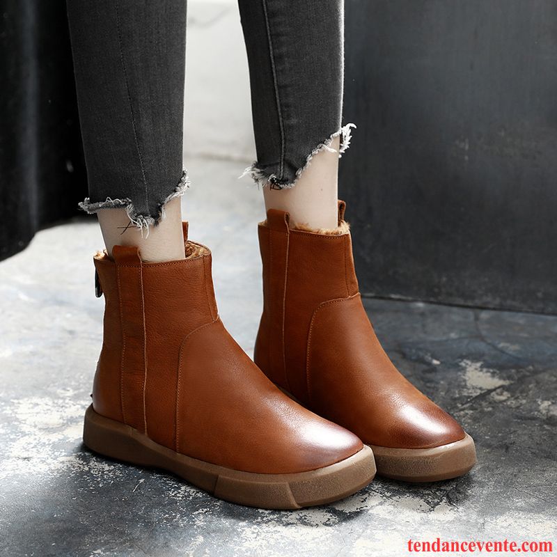 Bottes Cuir Soldes Cuir Véritable Angleterre L'automne Hiver Femme Plates Plus De Velours Noir Semelle Épaisse