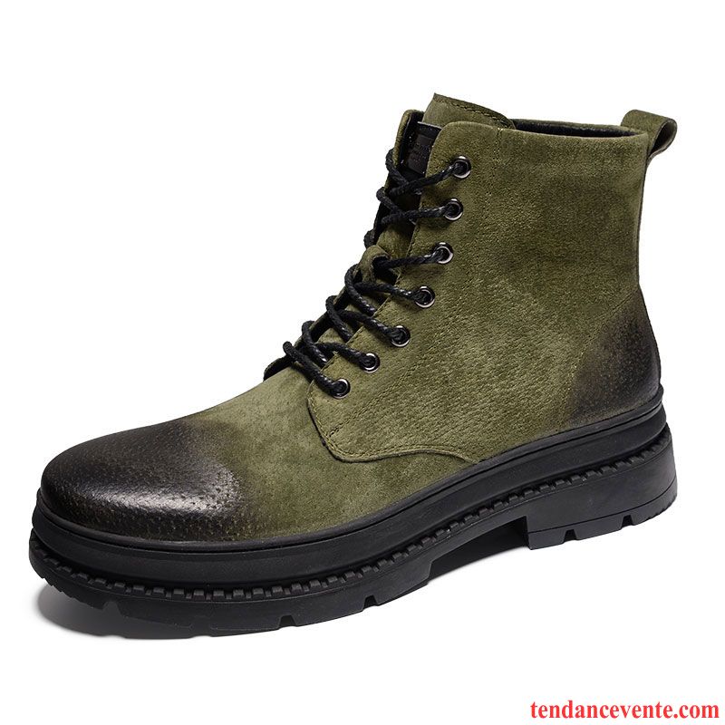 Bottes De Cuir Homme Chaussures De Travail Hiver Chaussures En Coton Homme Vert Chauds Hautes Angleterre Plus De Velours Rouge