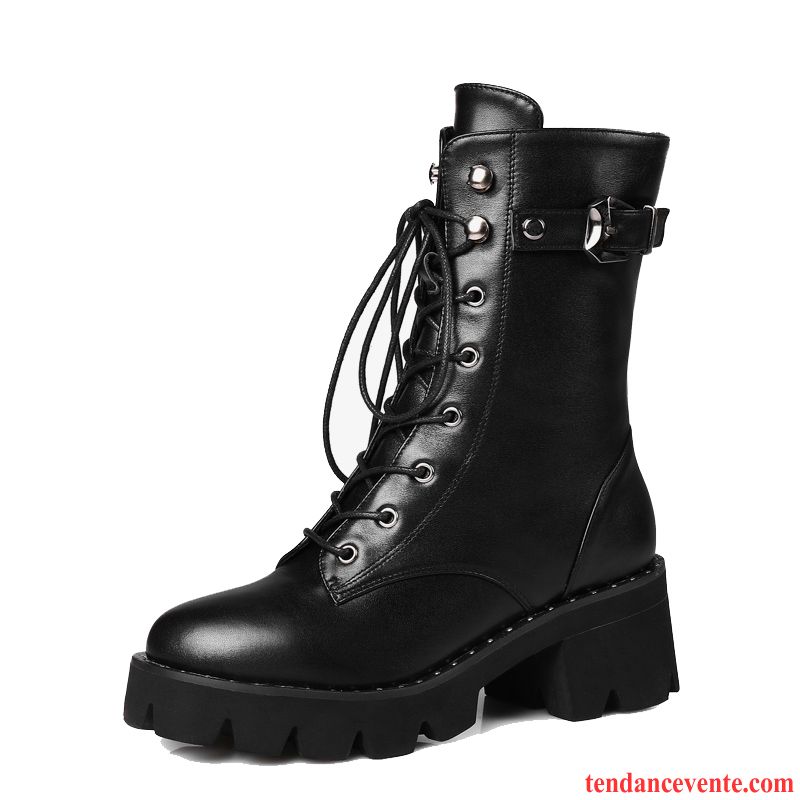 Bottes De Femmes En Cuir Hiver Cuir Véritable Noir Épais Taillissime Semelle Épaisse Femme Plus De Velours Talons Hauts Marine Vente