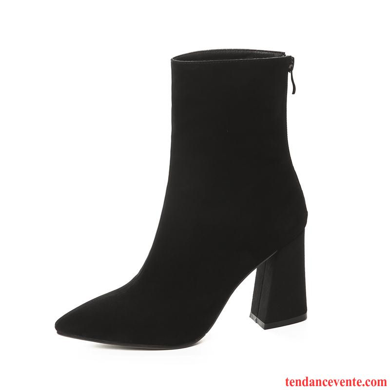 Bottes En Cuir Femme Pas Cher Femme Épais Hiver Pointe Pointue Noir Escarpins Courte L'automne Rouge