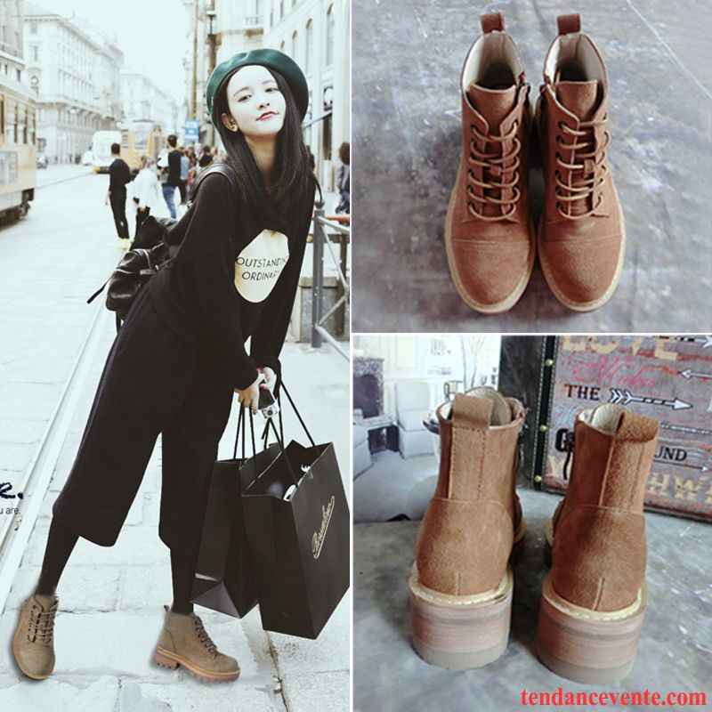 Bottes En Cuir Femme Pas Cher Fermeture Éclair Angleterre Femme Plus De Velours Courte Délavé En Daim L'automne Hiver Épais Cuir Véritable