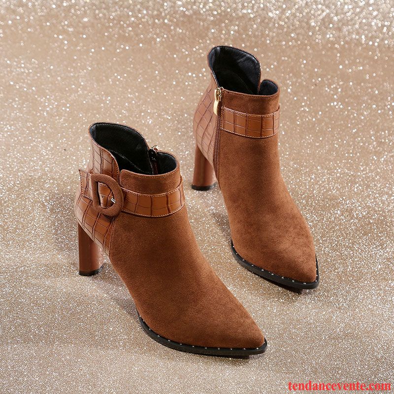 Bottes En Cuir Femme Pas Cher Hiver Pointe Pointue Épais Tous Les Assortis L'automne Escarpins Femme Mode Bisque