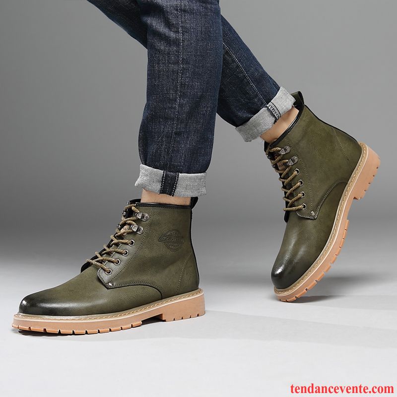 Bottes En Cuir Pour Homme Chaussures En Coton L'automne Bureau Vert Hautes Tendance Angleterre Homme En Cuir Vente