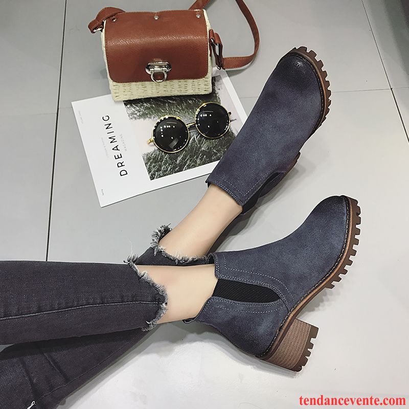 Bottes En Ligne Femme Tendance Femme Bleu Épais Cuir Véritable Délavé En Daim Angleterre Tous Les Assortis Printemps L'automne Corail