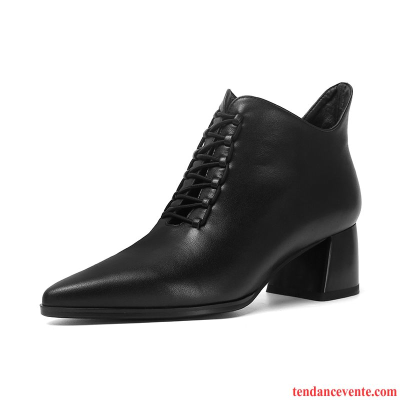 Bottes Femme Bottes Courtes Pointe Pointue Rétro L'automne Cuir Véritable En Cuir Noir