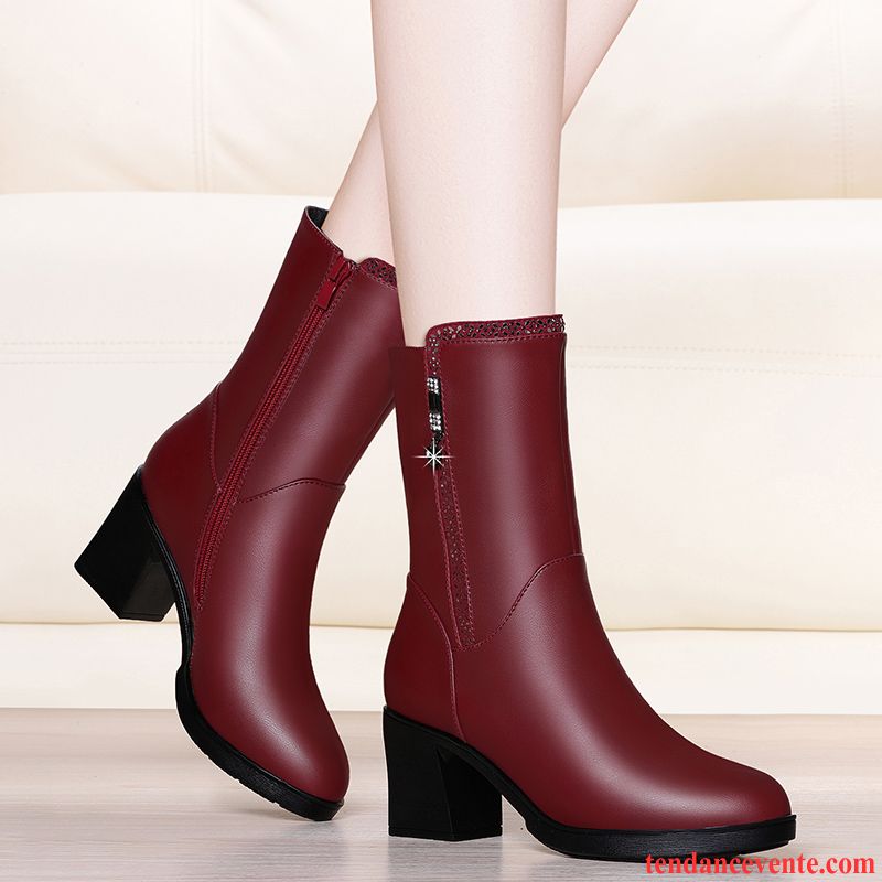 Bottes Femme Dame Épais Plus De Velours Escarpins Hiver Derbies Rouge