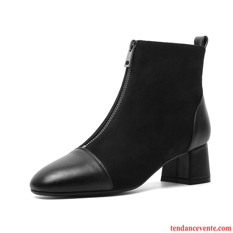 Bottes Femme Extensible Rétro Bottes Martin Épais Bottes Courtes Cuir Véritable Noir