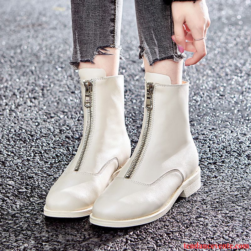 Bottes Femme Fermeture Éclair Hiver Bottes Martin Bottes Courtes Cuir Véritable L'automne Blanc