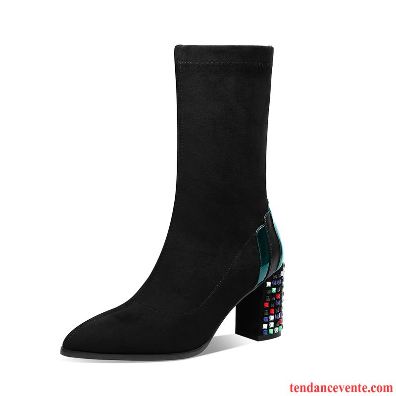 Bottes Femme L'automne Bottes Courtes Extensible Tous Les Assortis Hiver Pointe Pointue Noir