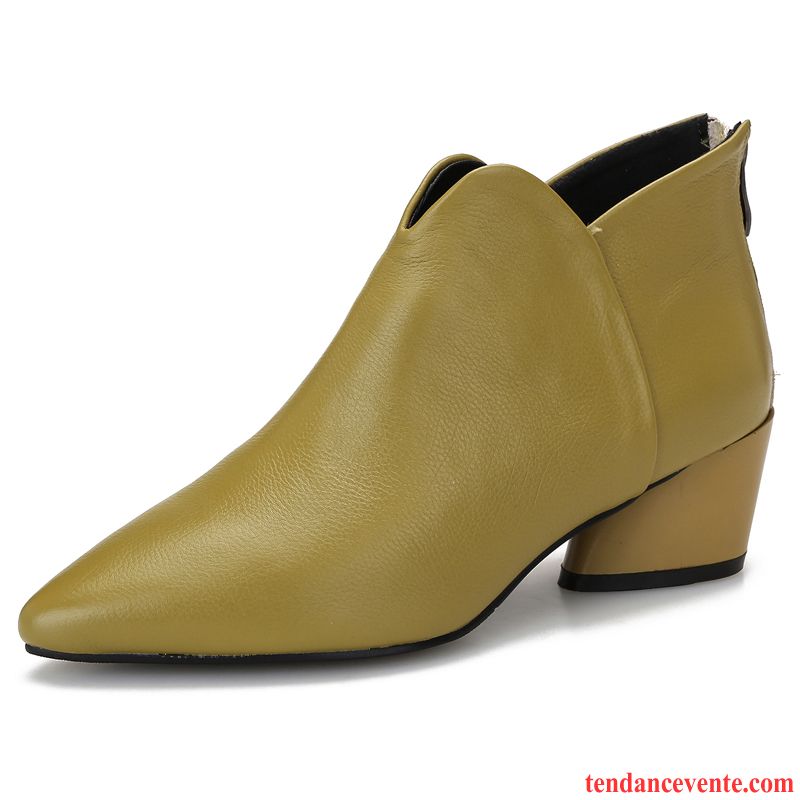 Bottes Femme L'automne Épais Bottes Courtes Talons Hauts Printemps Pointe Pointue Jaune