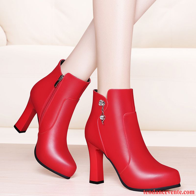 Bottes Femme Talons Hauts Plus De Velours Talons Minces Bottes Courtes Printemps L'automne Rouge