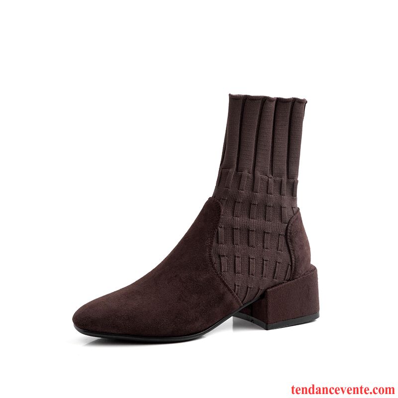 Bottes Femme Tête Carrée Bottes Courtes Extensible Épais L'automne Hiver Noir Rouge Marron