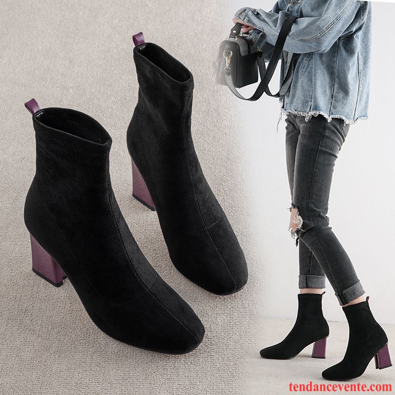 Bottes Femme Tête Carrée Tous Les Assortis Épais L'automne Extensible Talons Hauts Couleurs Mixtes Noir Violet