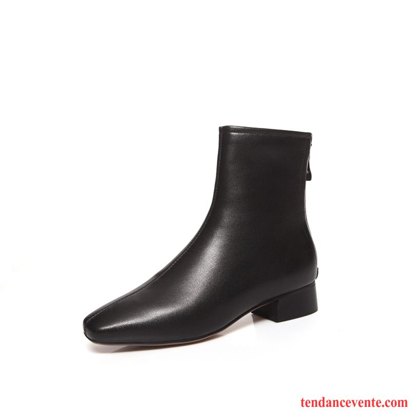 Bottes Femme Tête Carrée Épais Beau Cuir Véritable Noir