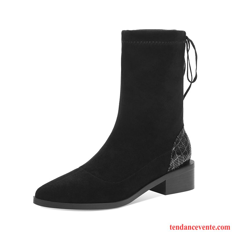 Bottes Femme Épais L'automne Mince Courte Laçage Extensible Noir