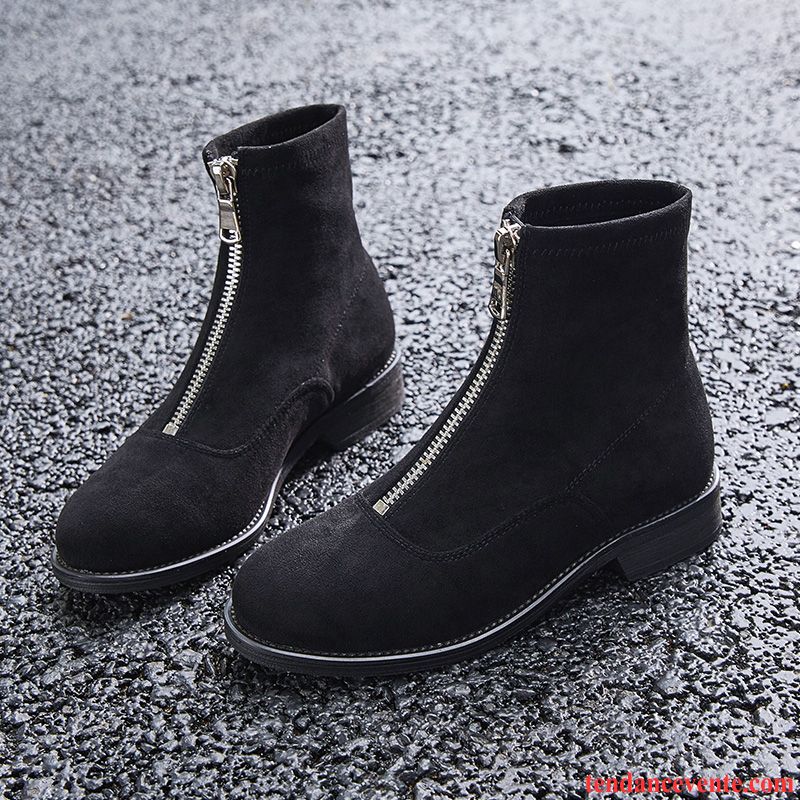 Bottes Femme Épais Printemps Extensible Suède Plates L'automne Noir