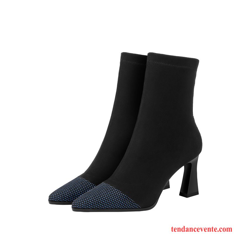 Bottes Femme Épais Talons Hauts Pointe Pointue Extensible Hiver Cuir Véritable Bleu