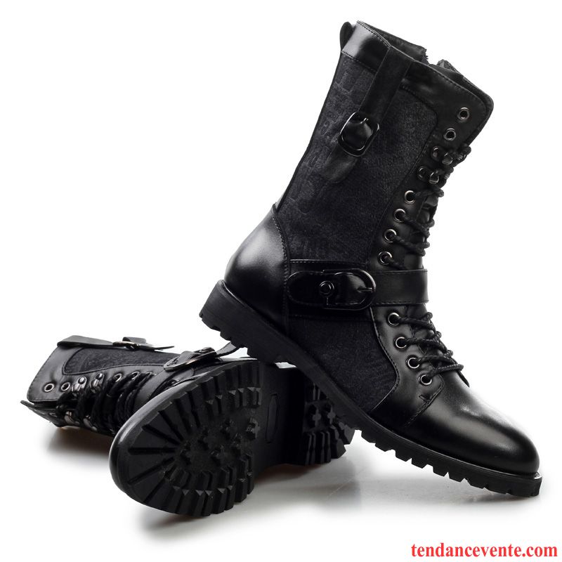 Bottes Fourrées Homme Tendance Homme Cuir Véritable Augmenté Noir En Cuir Plus De Velours Laçage Neige