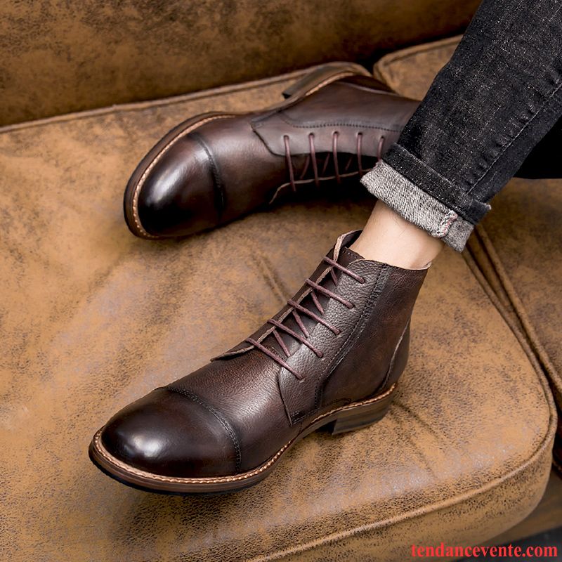 Bottes Homme Cuir Véritable Mode Tendance Hautes Rétro Angleterre