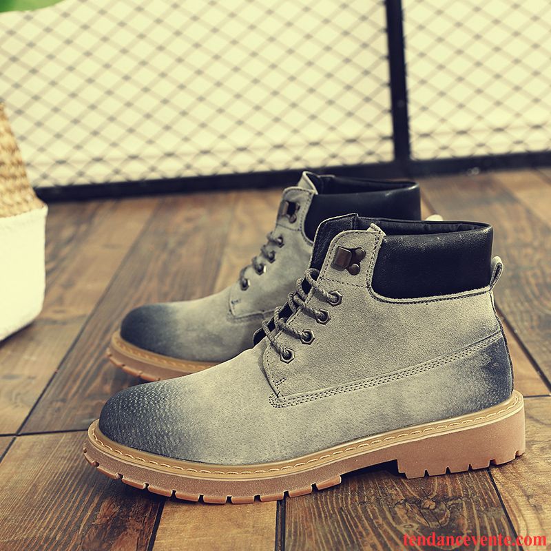 Bottes Homme Hiver Chaussures De Travail Augmenté Étudiant Tendance Angleterre Derbies Hautes Homme Gris Été Semelle Épaisse Tous Les Assortis Soldes