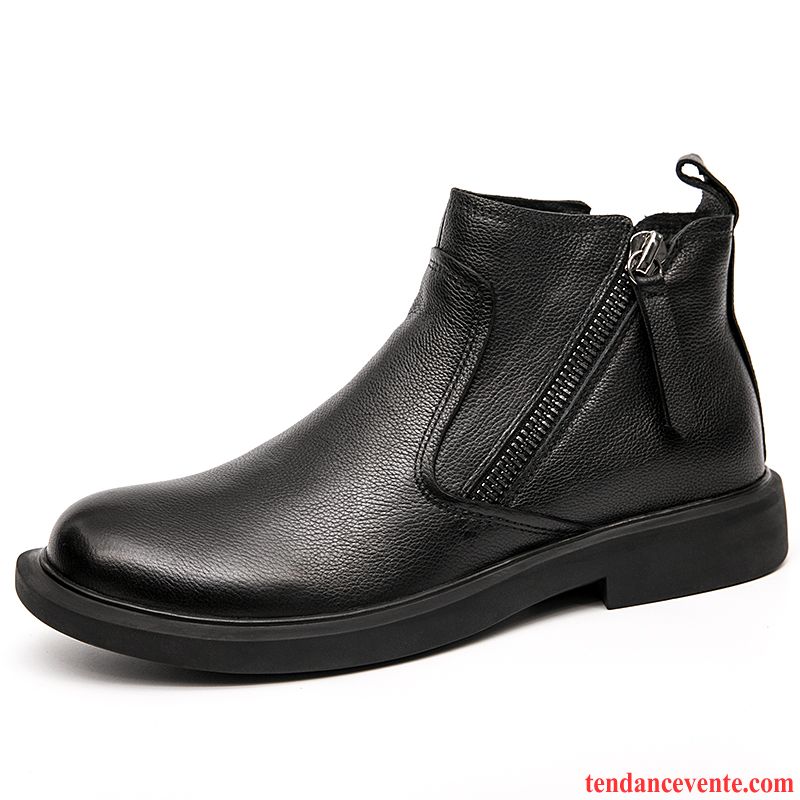 Bottes Homme Hiver Plus De Velours Tendance Cuir Véritable Derbies Bottes Courtes Noir