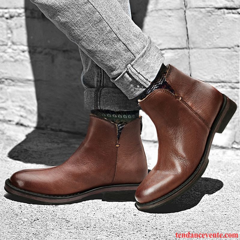 Bottes Homme L'automne Cuir Véritable Angleterre Hautes Fermeture Éclair Hiver Marron Foncé