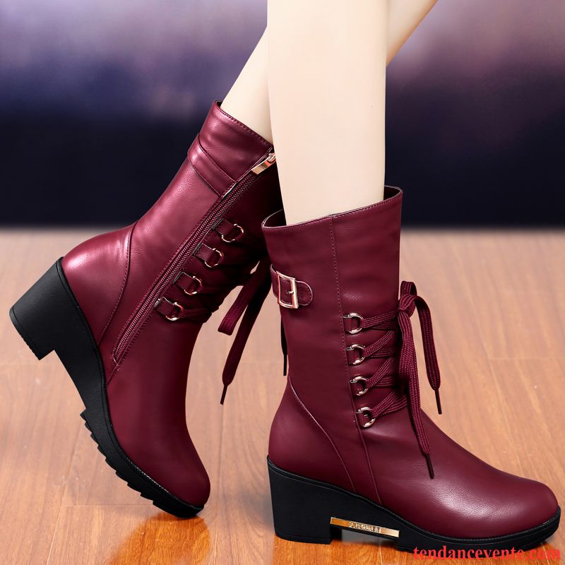 Bottes Marron Cuir Plus De Velours Épais Tendance Femme Hiver Tous Les Assortis L'automne Rouge Pas Cher