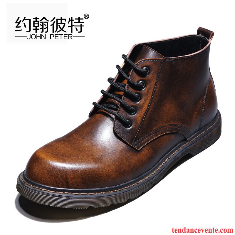 Bottes Montante Cuir Augmenté L'automne Gros Rétro Hautes Bureau Angleterre Hiver Tendance Cuir Véritable Homme Jaune Pas Cher