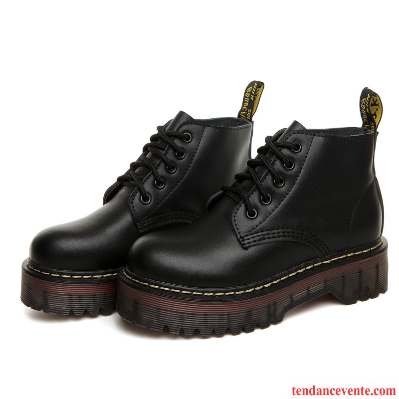 Bottes Noires Cuir Plates Rétro Femme Cuir Véritable Angleterre Chaussures À Plateformes Printemps Laçage Semelle Épaisse Étudiant L'automne Pas Cher