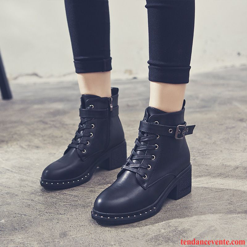 Bottes Pas Cher Femme Cuir L'automne Laçage Courte Femme Noir Talons Hauts Épais Fermeture Éclair Hiver