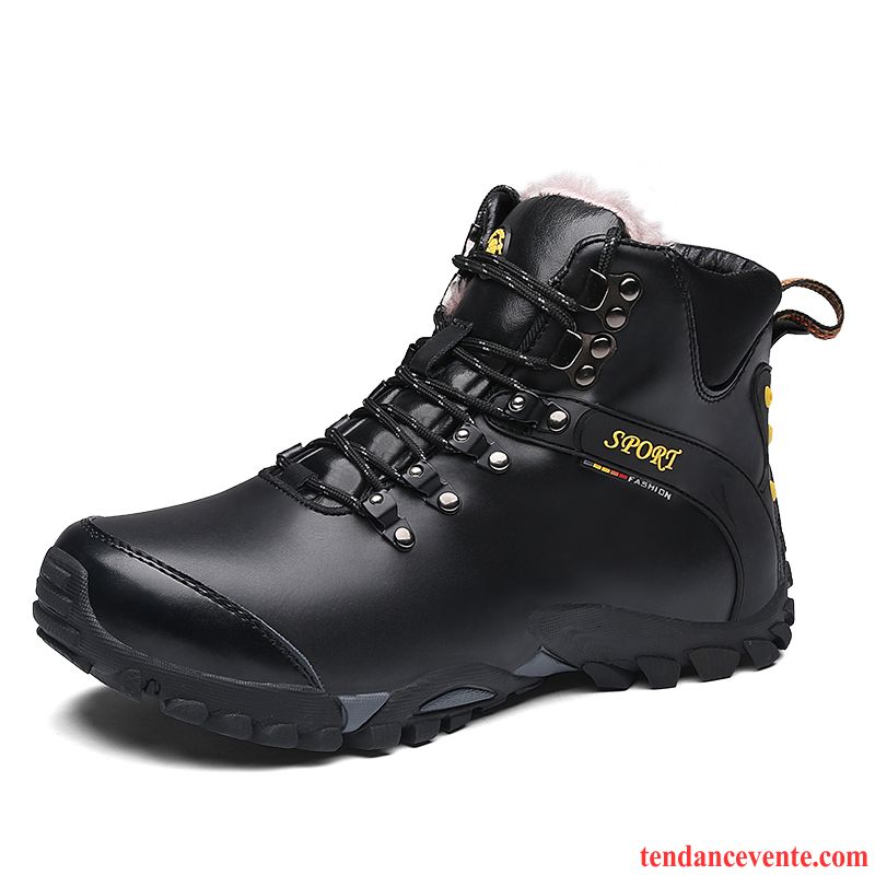 Bottines Homme Noir Cuir Hautes Chaussures En Coton En Cuir Imperméable Homme Antidérapant Noir Plus De Velours Renforcé Hiver Matelassé Cuir Véritable Chauds Argent Soldes