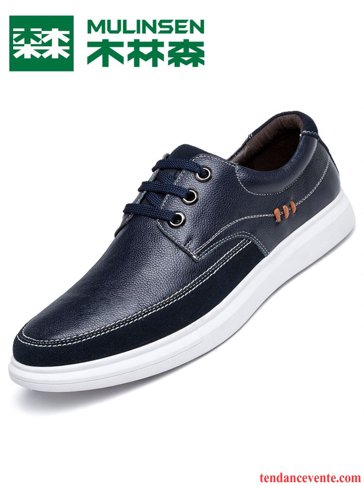 Bottines Homme Noires Plates Décontractée L'automne Homme Cuir Véritable Chaussures De Skate Bleu Printemps Tous Les Assortis Tendance