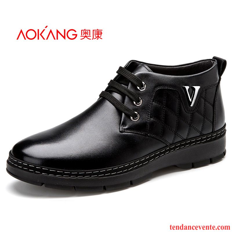 Bottines Noires Talons Chaussures En Coton Chauds Plus De Velours Homme Hiver Hautes Décontractée Cuir Véritable Matelassé Renforcé Noir