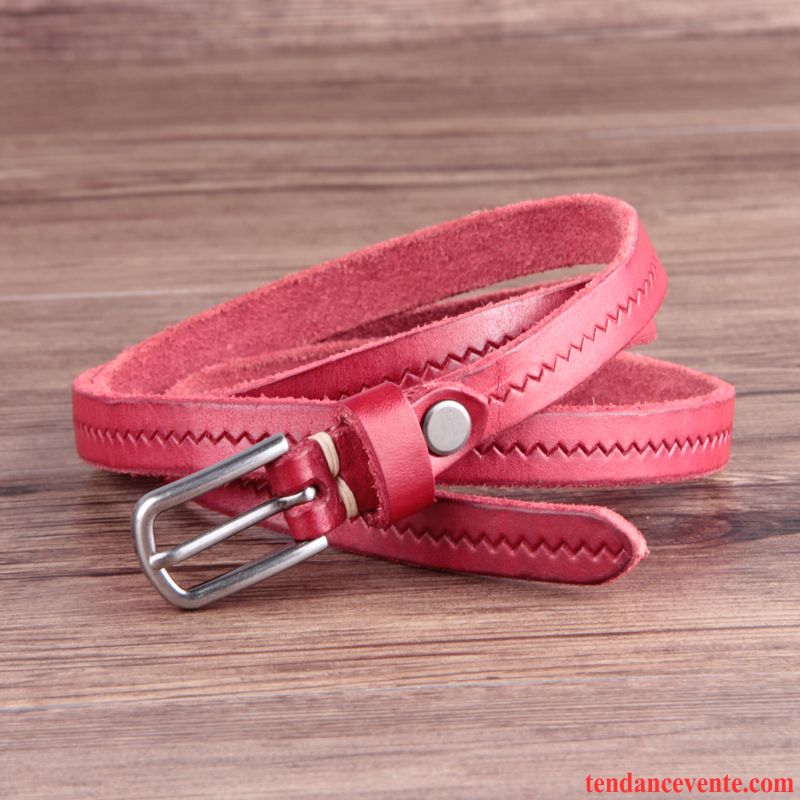 Ceinture Femme Couche De Tête Doux Cuir Véritable Bien Allongé Pure Rouge