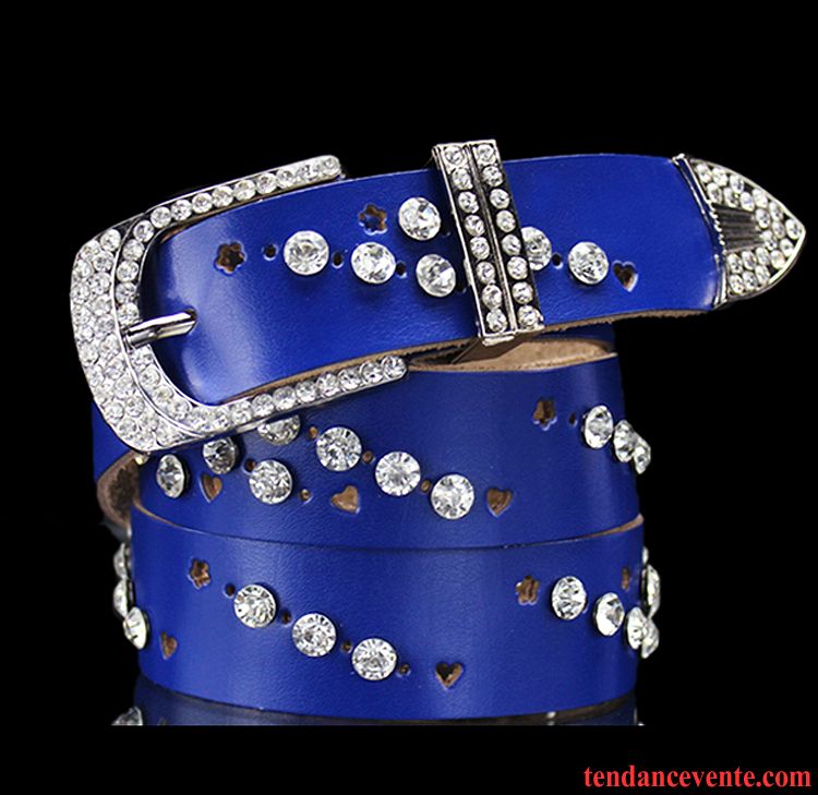 Ceinture Femme Jeans Mode Boucle Diamant All-match Cuir Véritable Bleu
