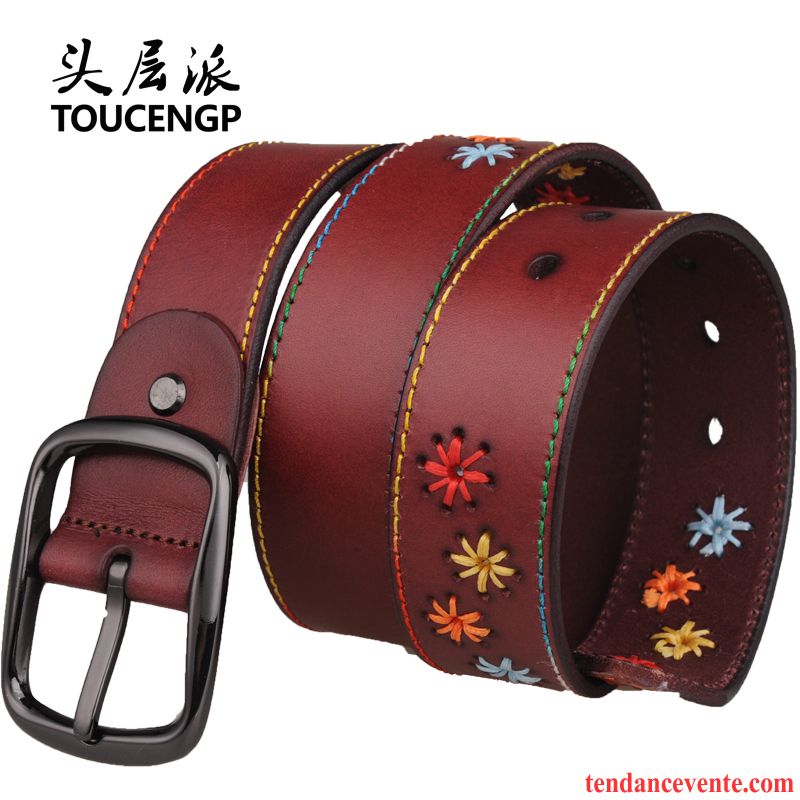 Ceinture Femme Pure Boucle Personnalité Cuir De Vache Jeans Cuir Véritable Rouge