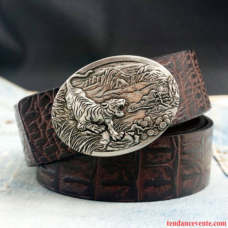 Ceinture Homme Rétro Couche De Tête Âge Moyen Jeunesse Cuir De Vache Lisse Marron Or