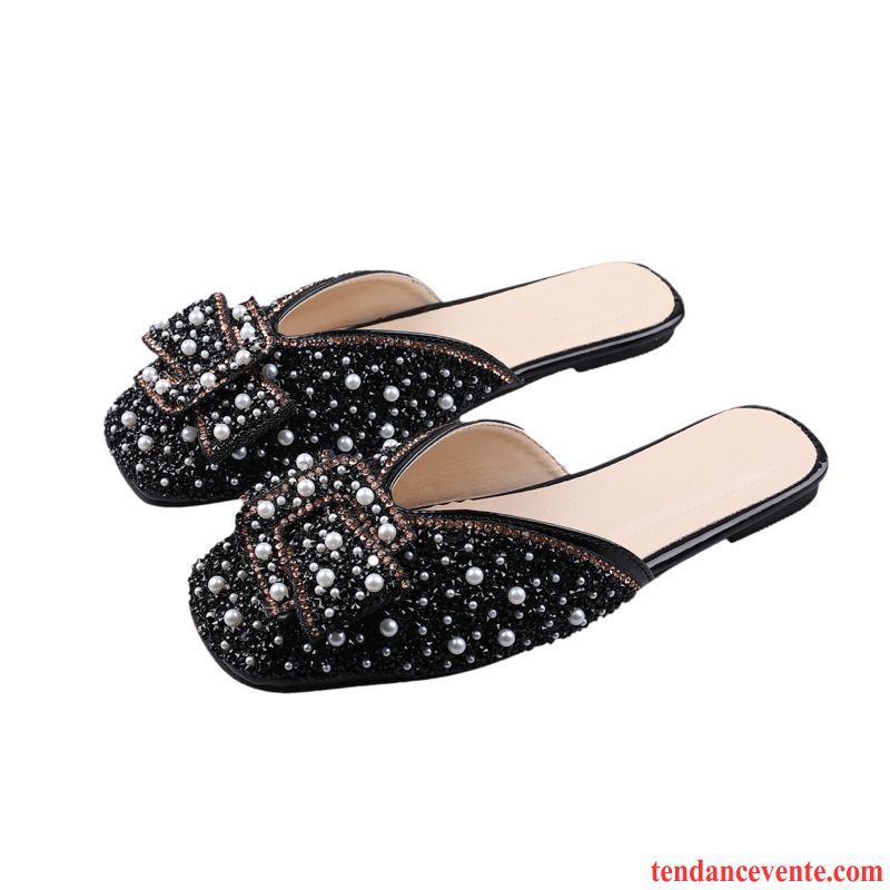 Chaussons Femme Arc Perle Imitation Strass Plates Printemps Mode Noir