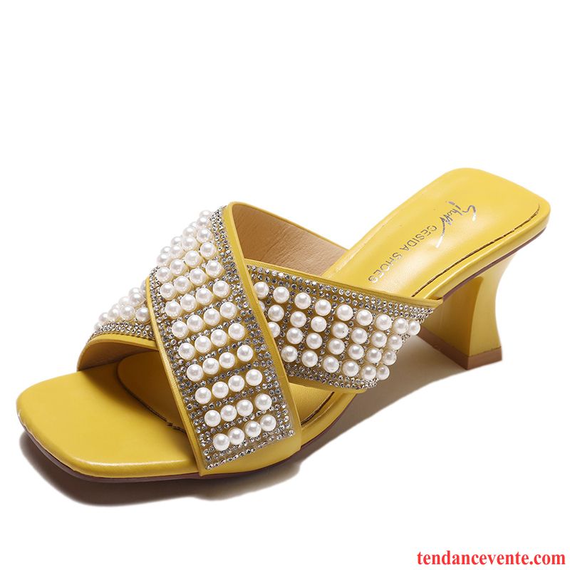 Chaussons Femme Escarpins Été Épais Tous Les Assortis Perle Tendance Rouge Jaune