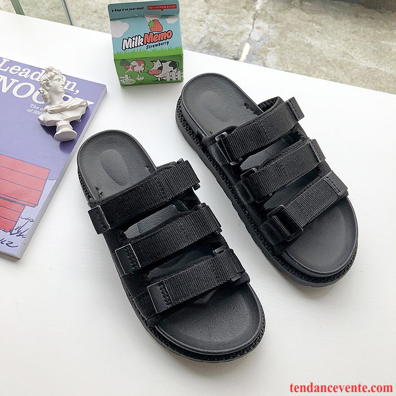 Chaussons Femme Étudiant Plage Velcro Été Mode Semelle Épaisse Noir