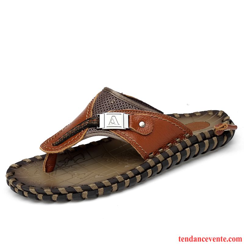 Chaussons Tongs Homme Cuir Véritable Plage Tendance Décontractée Gros Taillissime Marron