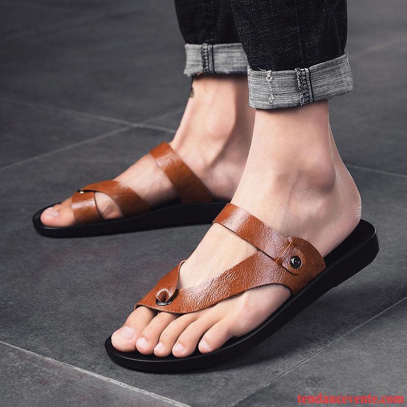 Chaussons Tongs Homme Décontractée Tendance En Cuir Plage Été Antidérapant Marron