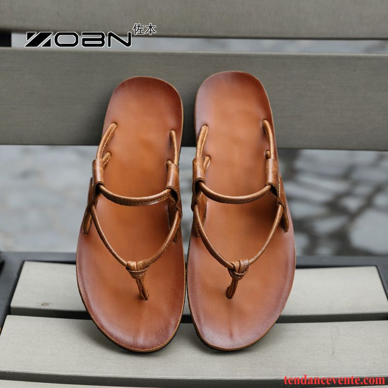 Chaussons Tongs Homme Plage Décontractée Tendance Antidérapant Cuir Véritable Été Brun