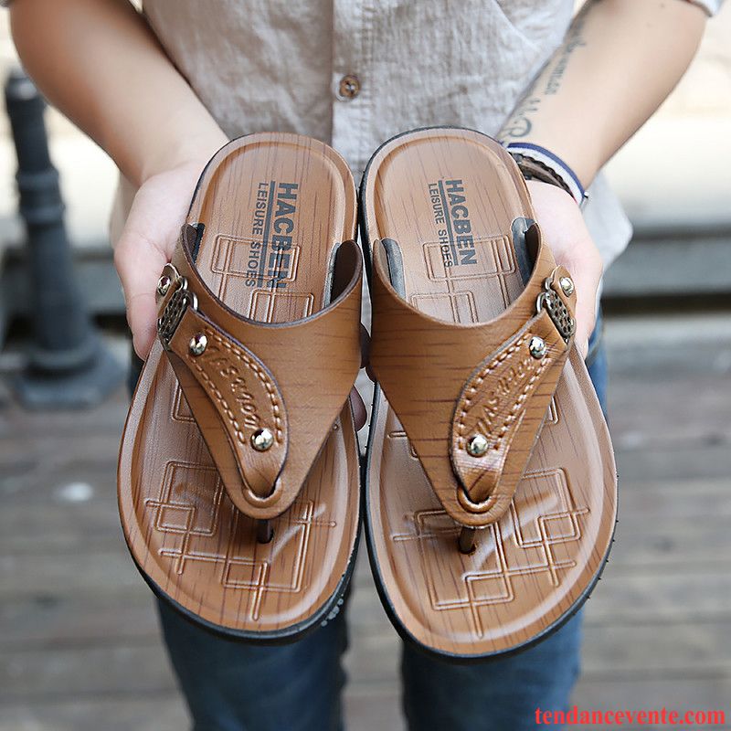 Chaussons Tongs Homme Plage En Cuir Sandales Antidérapant Été Semelle Doux Marron