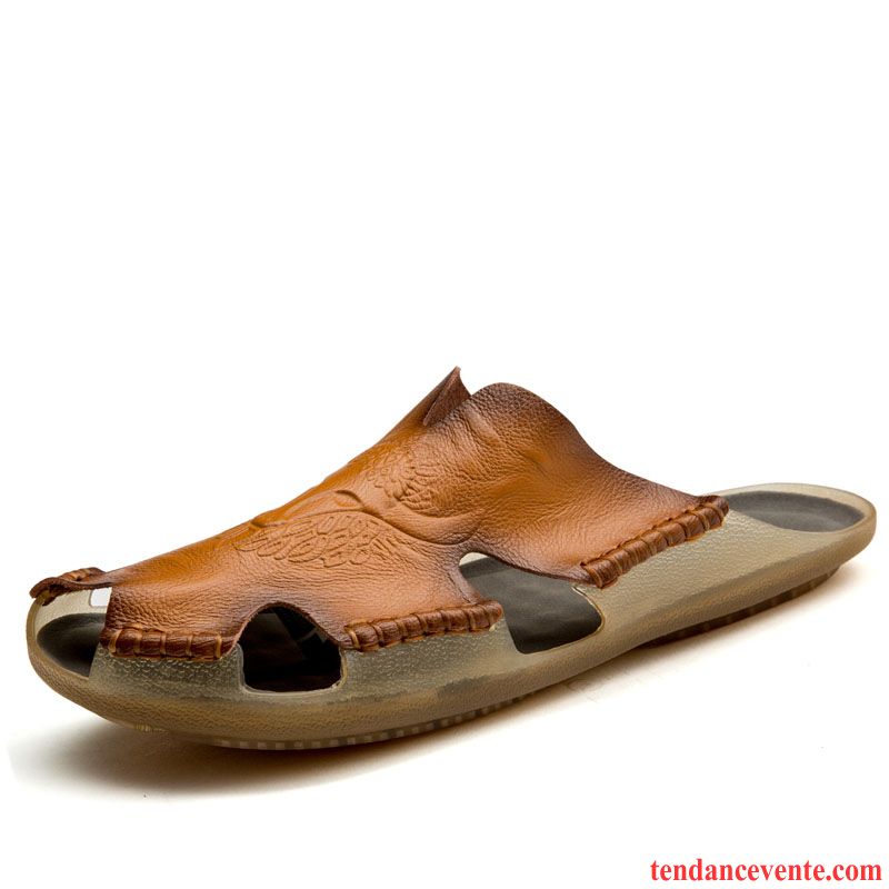 Chaussons Tongs Homme Taillissime En Cuir Semelle Doux Cuir Véritable Été Antidérapant Marron